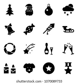 Solid vector icon set - christmas tree vector, santa claus, snowfall, bell, candy, firework rocket, sleigh, wreath, falling star, wine, glasses, candle, dog, medal