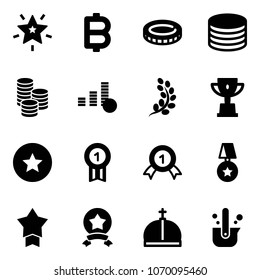 Solid vector icon set - christmas star vector, bitcoin, coin, golden branch, win cup, medal, gold, crown, casting of steel