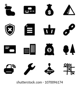 Solid vector icon set - christmas sock vector, credit card, money bag, landslide road sign, shield cross, document, basket, link, envelope, building, forest, printer wireless, wrench, wirligig toy