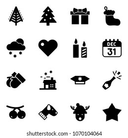 Solid vector icon set - christmas tree vector, gift, sock, snowfall, heart, candle, 31 dec calendar, gloves, house, candy, champagne, rowanberry, dog, deer hat, star medal