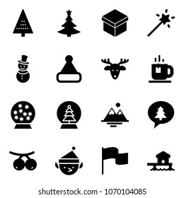 Solid vector icon set - christmas tree vector, gift, Magic wand, snowman, hat, deer, tea, snowball, mountains, merry message, rowanberry, elf, flag, bungalow