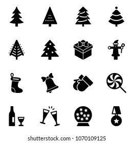 Solid vector icon set - christmas tree vector, gift, santa claus, sock, bell, gloves, lollipop, wine, glasses, snowball, star medal