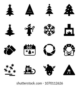 Solid vector icon set - christmas tree vector, santa claus, snowflake, fireplace, gloves, calendar, wreath, sale, sleigh gift, deer hat, slippery road sign