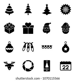 Solid vector icon set - christmas tree vector, firework, gift, santa claus, ball, garland, deer, wreath, mobile, calendar