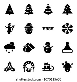 Solid vector icon set - christmas tree vector, santa claus, garland, snowflake, snowfall, gloves, snowman, hat, holly, wreath, sleigh gift, deer