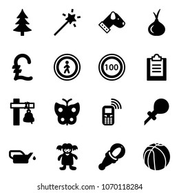 Solid vector icon set - christmas tree vector, Magic wand, dog, onion, pound, no pedestrian road sign, speed limit 100, clipboard, ship bell, butterfly, mobile phone, oiler, doll, beanbag