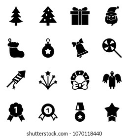 Solid vector icon set - christmas tree vector, gift, santa claus, sock, ball, bell, lollipop, firework rocket, wreath, angel, gold medal, star