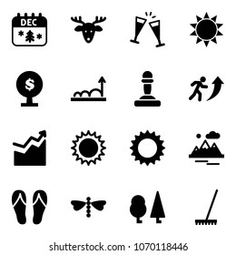 Solid vector icon set - christmas calendar vector, deer, wine glasses, sun, money tree, growth, pawn, career, mountains, flip flops, dragonfly, forest, rake