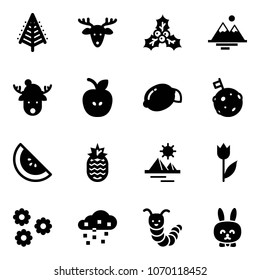 Solid vector icon set - christmas tree vector, deer, holly, mountains, hat, apple, lemon, moon flag, watermelone, pineapple, pyramid, tulip, flower, snow, toy caterpillar, rabbit
