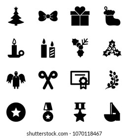 Solid vector icon set - christmas tree vector, bow, gift, sock, candle, holly, angel, santa stick, certificate, golden branch, star medal, sailboat toy
