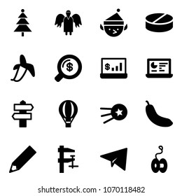 Solid vector icon set - christmas tree vector, angel, elf, pill, banana, money search, account statistics, monitor, signpost, air balloon, first satellite, pencil, clamp, paper plane, yoyo