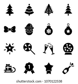 Solid vector icon set - christmas tree vector, bow, santa claus, ball, star, lollipop, wine glasses, snowball, sleigh gift, gold medal, fizz opening