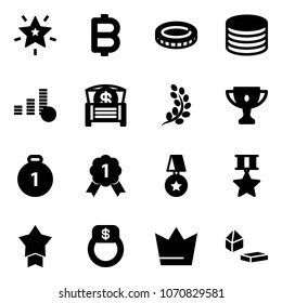 Solid vector icon set - christmas star vector, bitcoin, coin, money chest, golden branch, gold cup, medal, finger ring, crown, constructor blocks