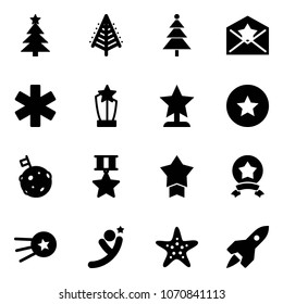 Solid vector icon set - christmas tree vector, star letter, ambulance, award, medal, moon flag, first satellite, flying man, starfish, rocket