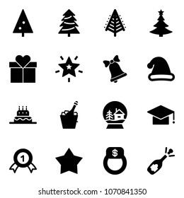 Solid vector icon set - christmas tree vector, gift, star, bell, hat, cake, champagne, snowball house, graduate, gold medal, finger ring, fizz opening