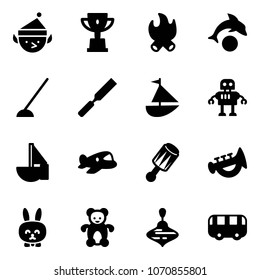 Solid vector icon set - christmas elf vector, win cup, fire, dolphin, hoe, rasp, sailboat toy, robot, plane, beanbag, horn, rabbit, bear, wirligig, bus