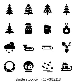 Solid vector icon set - christmas tree vector, santa claus, glove, ball, snowfall, sleigh, holly, wreath, snowball house, sale, gift