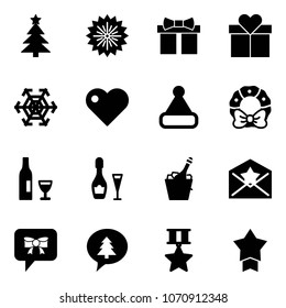 Solid vector icon set - christmas tree vector, firework, gift, snowflake, heart, hat, wreath, wine, champagne, star letter, bow message, merry, medal