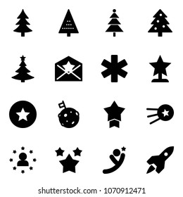 Solid vector icon set - christmas tree vector, star letter, ambulance, award, medal, moon flag, first satellite, man, stars, flying, rocket