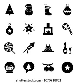 Solid vector icon set - christmas tree vector, santa claus, sock, ball, star, fireplace, lollipop, firework rocket, cake, wine, snowball house, merry message, rowanberry, medal