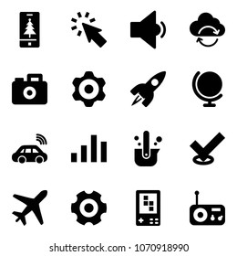 Solid vector icon set - christmas mobile vector, cursor, low volume, refresh cloud, camera, gear, rocket, globe, car wireless, chart, casting of steel, check, plane, game console, radio