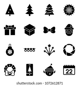 Solid vector icon set - christmas tree vector, firework, gift, bow, santa claus, ball, garland, wreath, mobile, elf, calendar