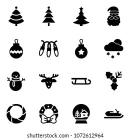 Solid vector icon set - christmas tree vector, santa claus, ball, garland, snowfall, snowman, deer, sleigh, holly, wreath, snowball house, snowmobile