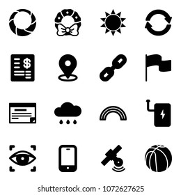Solid vector icon set - christmas wreath vector, sun, exchange, account statement, map pin, link, flag, schedule, rain cloud, rainbow, power bank, eye scanner, mobile phone, satellite, basketball