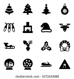 Solid vector icon set - christmas tree vector, ball, garland, fireplace, hat, deer, sleigh, holly, wreath, snowball house, snowmobile, slippery road sign