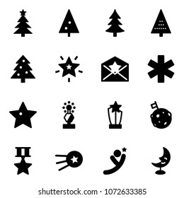 Solid vector icon set - christmas tree vector, star, letter, ambulance, award, moon flag, medal, first satellite, flying man, lamp