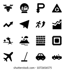 Solid vector icon set - christmas deer vector, snowball house, ruble, round motion road sign, growth arrow, paper fly, career, palm, mountains, binary code, cpu, plane, rake, car, toy