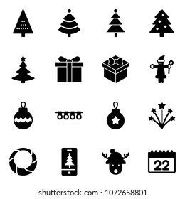 Solid vector icon set - christmas tree vector, gift, santa claus, ball, garland, firework, wreath, mobile, deer hat, calendar
