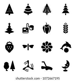 Solid vector icon set - christmas tree vector, tonometer, sweet pepper, spica, strawberry, dragonfly, flower, dolphin, forest, wind mill, lawn mower, moon lamp