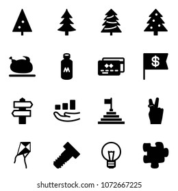 Solid vector icon set - christmas tree vector, turkey, milk, credit card, dollar flag, signpost, growth, pyramid, victory, kite, bolt, bulb, puzzle