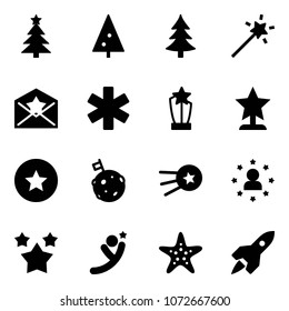 Solid vector icon set - christmas tree vector, Magic wand, star letter, ambulance, award, medal, moon flag, first satellite, man, stars, flying, starfish, rocket