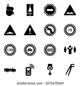Solid vector icon set - christmas glove vector, mobile, no way road sign, rough, artificial unevenness, attention, left turn, speed limit 10, 130, bike, customs, team leader, cabrio, phone, laser