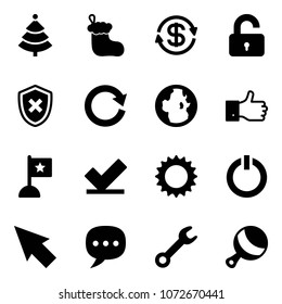 Solid vector icon set - christmas tree vector, sock, dollar exchange, unlocked, shield cross, reload, globe, finger up, flag, check, sun, standby button, cursor, chat, wrench, beanbag