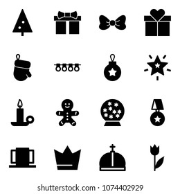 Solid vector icon set - christmas tree vector, gift, bow, glove, garland, ball, star, candle, cake man, snowball, medal, doors, crown, tulip