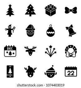 Solid vector icon set - christmas tree vector, gift, bow, santa claus, ball, bell, calendar, deer, firework, wreath, mobile, hat, elf
