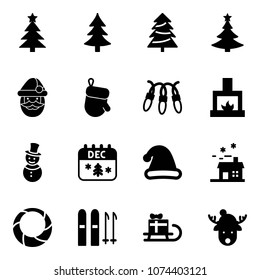 Solid vector icon set - christmas tree vector, santa claus, glove, garland, fireplace, snowman, calendar, hat, house, wreath, ski, sleigh gift, deer