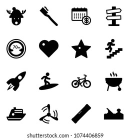 Solid vector icon set - christmas deer hat vector, tooth brush, calendar, road signpost sign, limited distance, heart, star, career, rocket, surfing, bike, grill, cruiser, wind mill, level, jointer