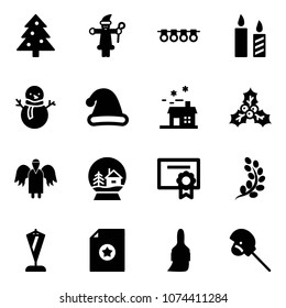 Solid vector icon set - christmas tree vector, santa claus, garland, candle, snowman, hat, house, holly, angel, snowball, certificate, golden branch, pennant, brush, horse stick toy