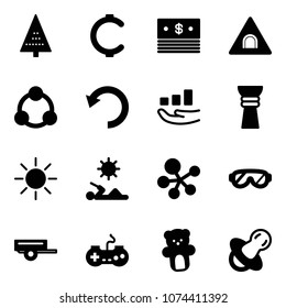 Solid vector icon set - christmas tree vector, cent, dollar, tunnel road sign, social, undo, growth, award, sun, reading, molecule, protective glasses, trailer, gamepad, bear toy, soother