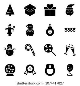 Solid vector icon set - christmas tree vector, gift, santa claus, ball, garland, snowman, lollipop, wine glasses, snowball, gold medal, finger ring, balloon smile