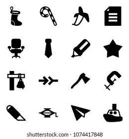 Solid vector icon set - christmas sock vector, lollipop, banana, document, office chair, tie, highlight marker, star medal, ship bell, connect, axe, clamp, work knife, jack, paper plane, toy boat