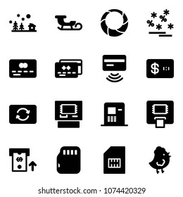 Solid vector icon set - christmas landscape vector, sleigh, wreath, sale, credit card, tap pay, exchange, atm, micro flash, sim, chicken toy