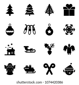 Solid vector icon set - christmas tree vector, gift, ball, garland, snowflake, house, sleigh, holly, angel, santa, stick, elf
