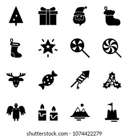 Solid vector icon set - christmas tree vector, gift, santa claus, sock, star, lollipop, deer, candy, firework rocket, holly, angel, candle, mountains, sand castle