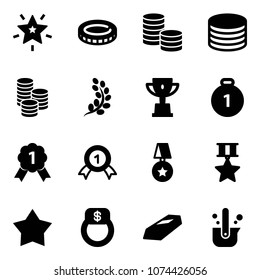 Solid vector icon set - christmas star vector, coin, golden branch, win cup, gold medal, finger ring, casting of steel