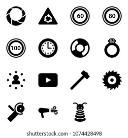 Solid vector icon set - christmas wreath vector, round motion road sign, speed limit 60, 80, 100, time, circle chart, diamond ring, star man, playback, sledgehammer, saw disk, Angular grinder, dryer